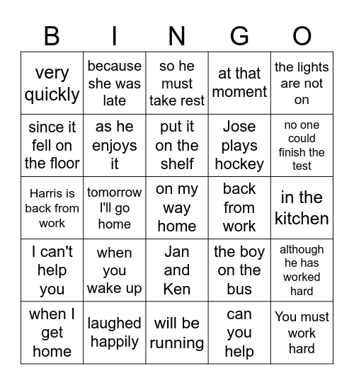 Phrase, Independent Clause or Dependent Clause Bingo Card