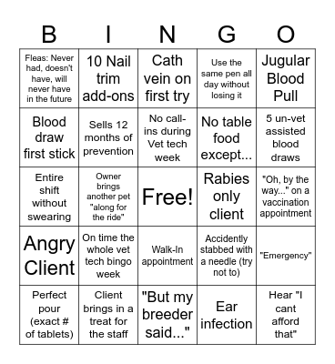 Vet Tech Appreciation Bingo Card