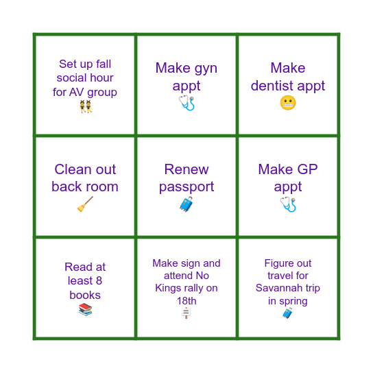 life tasks october 2025 Bingo Card