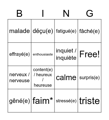 Emotions et Sentiments Bingo Card