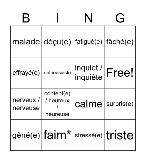 Emotions et Sentiments Bingo Card