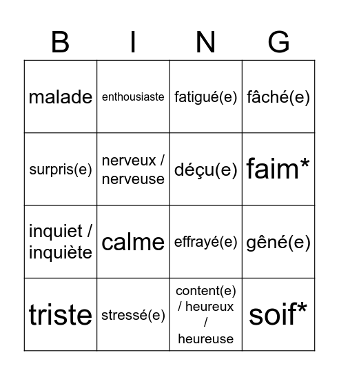 Emotions et Sentiments Bingo Card