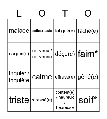 Emotions et Sentiments Bingo Card