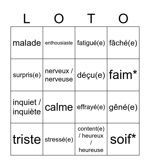 Emotions et Sentiments Bingo Card