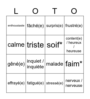 Emotions et Sentiments Bingo Card