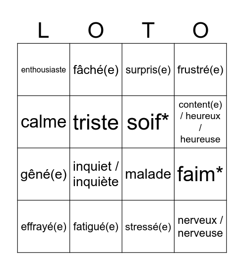 Emotions et Sentiments Bingo Card