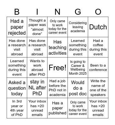PhD Career Bingo Card