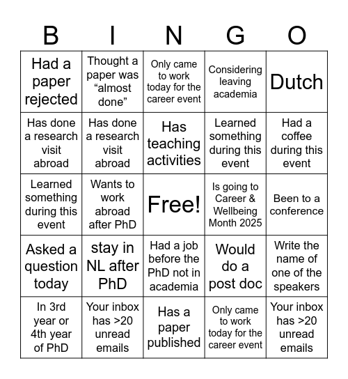 PhD Career Bingo Card