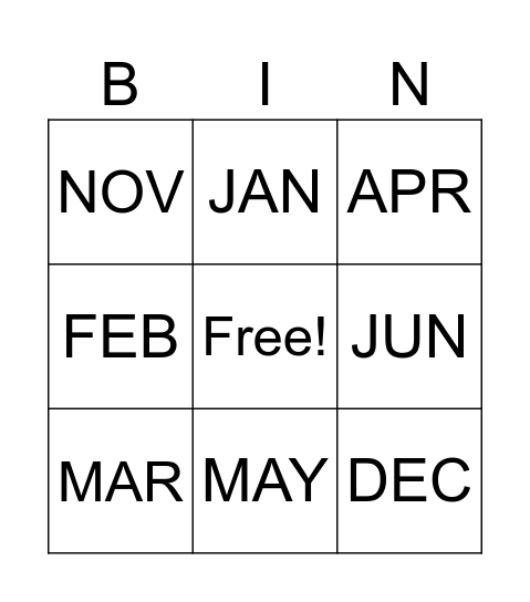 Monthly Special Dates Bingo Card