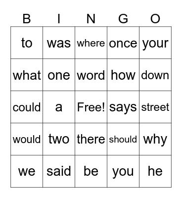 Tricky word Bingo Card