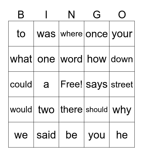 Tricky word Bingo Card