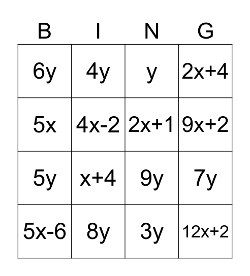Combine Like Terms Bingo Card