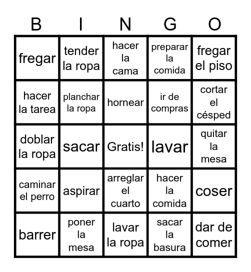 Los quehaceres Bingo Card