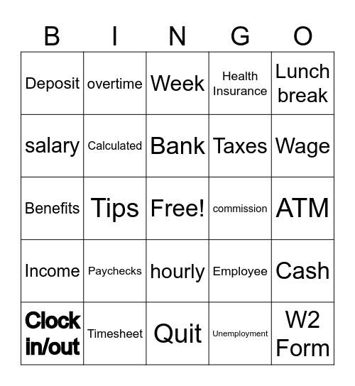 Getting Paid/Taxes Bingo Card