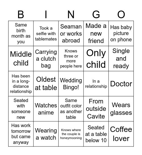 Let's Mingle: Wedding Bingo Card