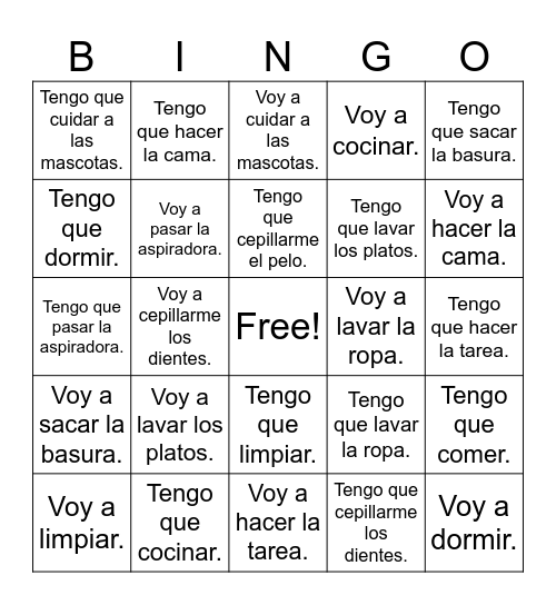 Quehaceres Reading Bingo Card