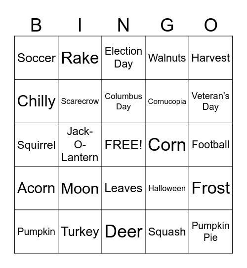 Harvest Bingo Card