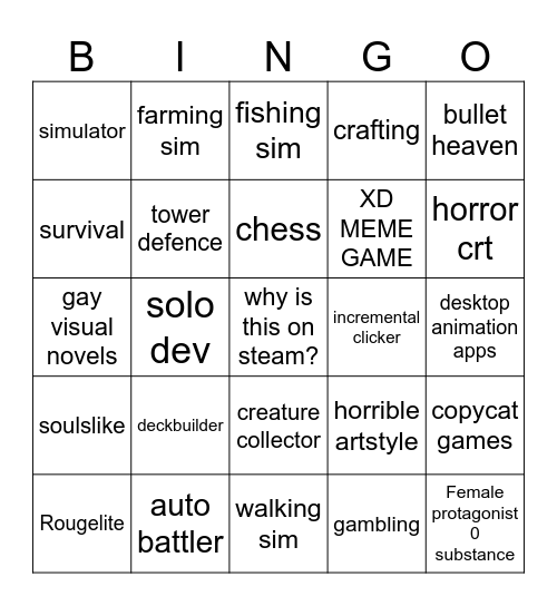 Steam slop Bingo Card