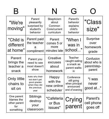 Parent/Teacher Conference Bingo Card
