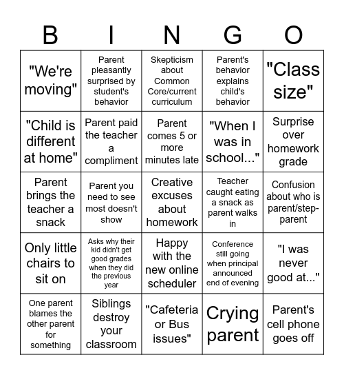 Parent/Teacher Conference Bingo Card