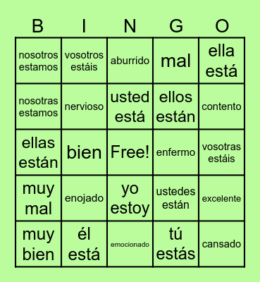 Estar & Feelings Bingo Card