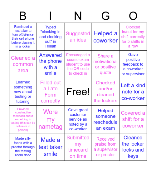 TLC Student Worker Fall Semester Bingo Card