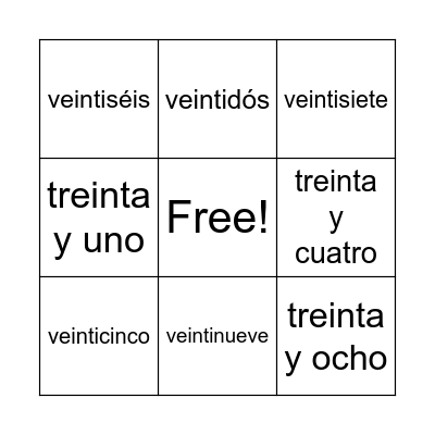 Los números 20-40 Bingo Card