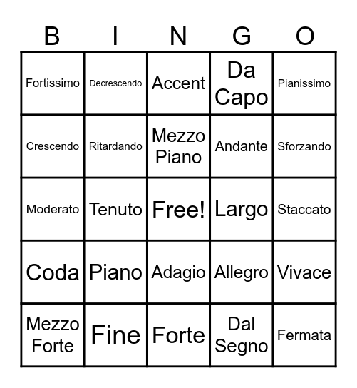 Musical Terms Bingo Card