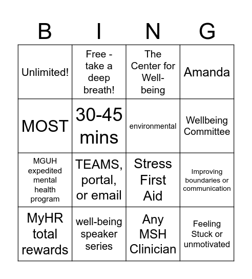 Well-Being BINGO Card