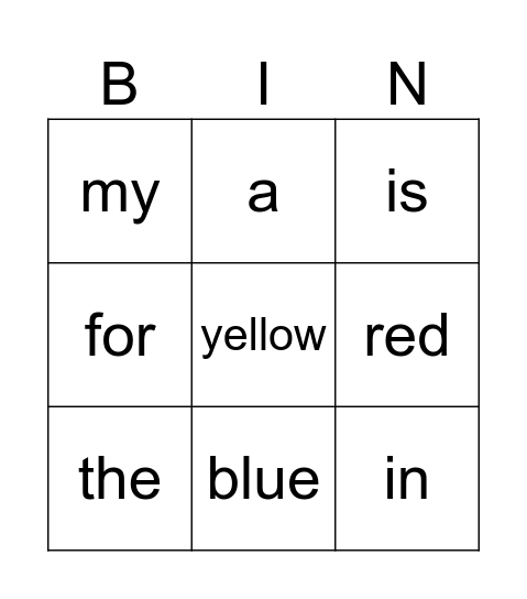 Sight Words Bingo Card