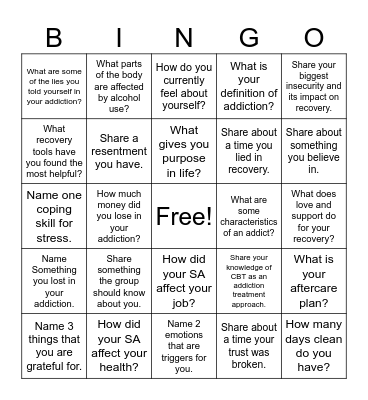 Recovery Bingo Card