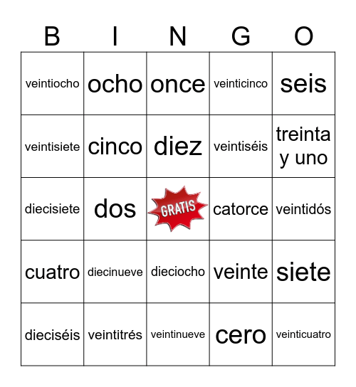 Números del 0 al 31 Bingo Card