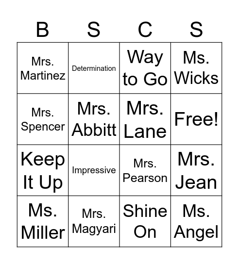Boulware Honor Roll Bingo Card