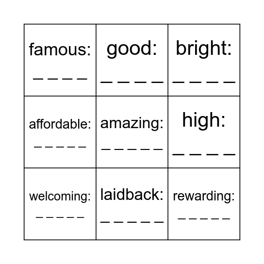 What is the comparative for...? Bingo Card