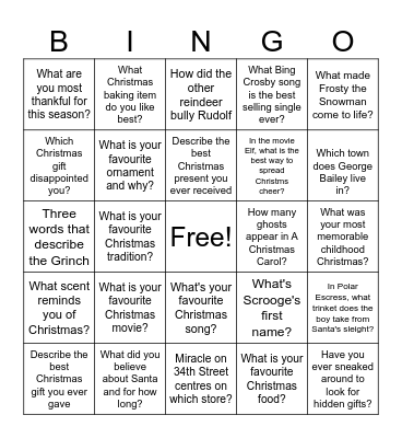 Christmas Trivia Bingo Card