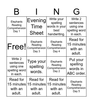 Homework Bingo- Group 1 (11/28) Bingo Card