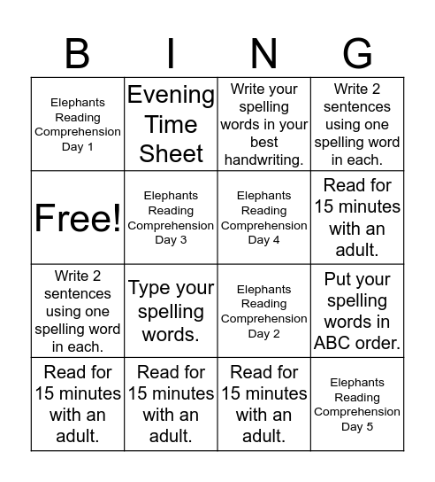 Homework Bingo- Group 1 (11/28) Bingo Card