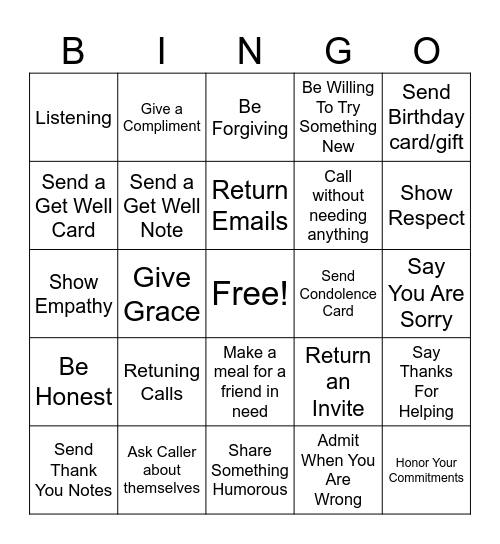 Relationship Bingo Card