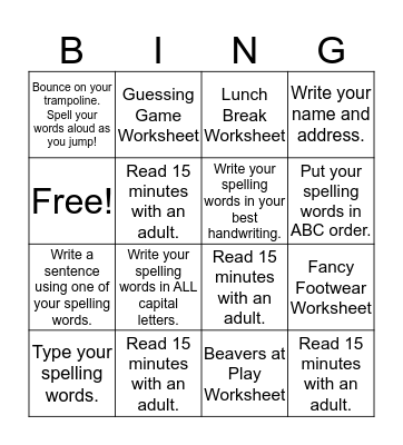 Homework Bingo- Group 2 (11/28) Bingo Card