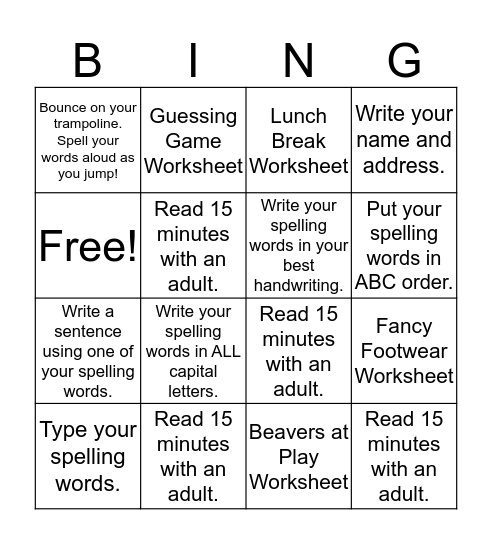 Homework Bingo- Group 2 (11/28) Bingo Card