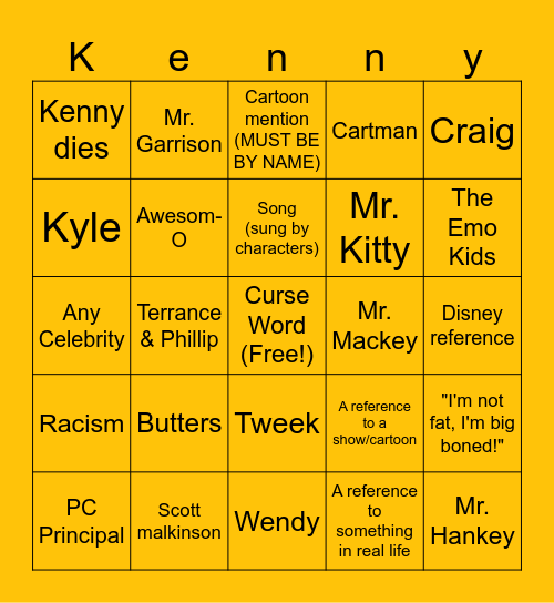 South Park Bingo Card
