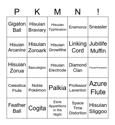 Number #1 Sonic Fan Round 2 (Pokémon Legends Arceus) Bingo Card