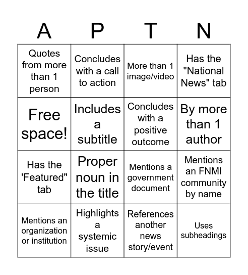 APTN Bingo Card