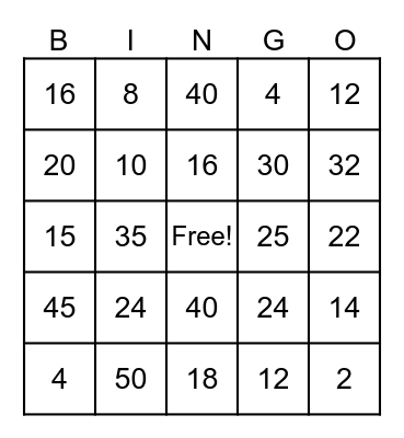 Multiplication Bingo-x2, x4, x5 Bingo Card