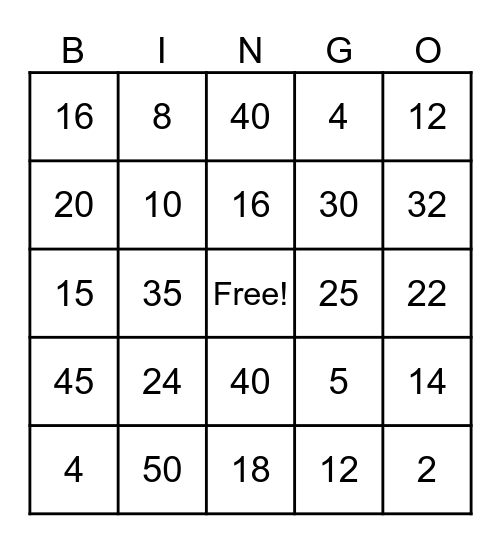 Multiplication Bingo-x2, x4, x5 Bingo Card