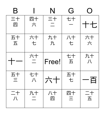Chinese number1-100 Bingo Card