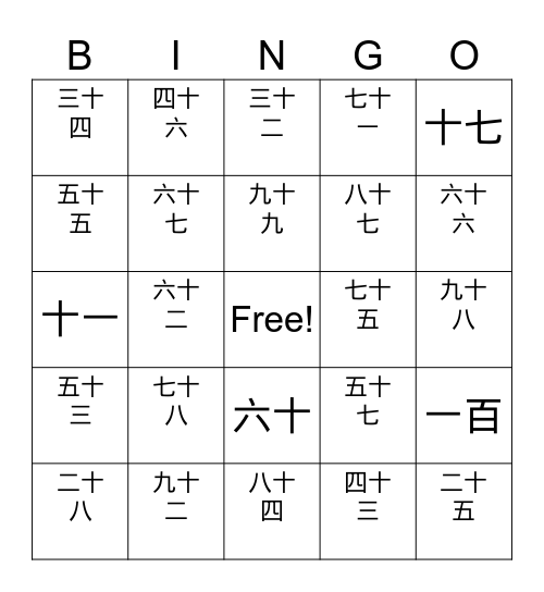 Chinese number1-100 Bingo Card