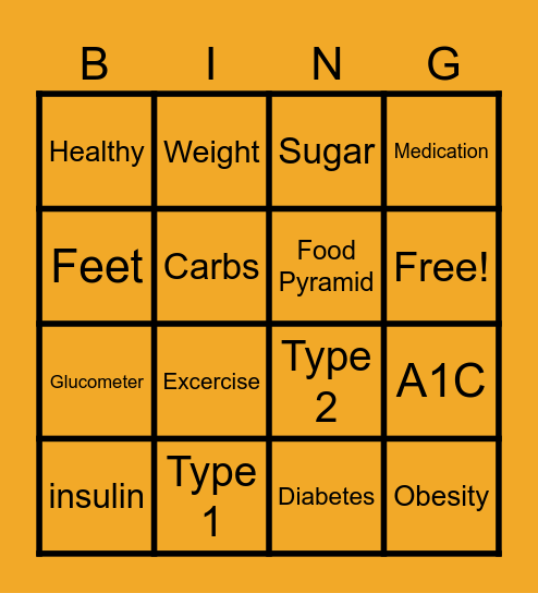 Diabetic Basic BINGO Card