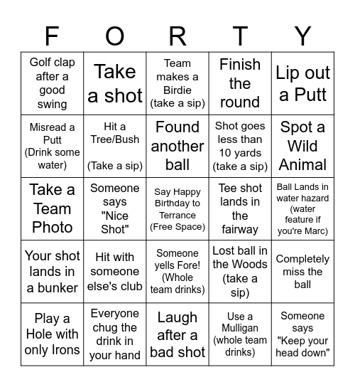 Fore-Tee Golf Outing Bingo Card