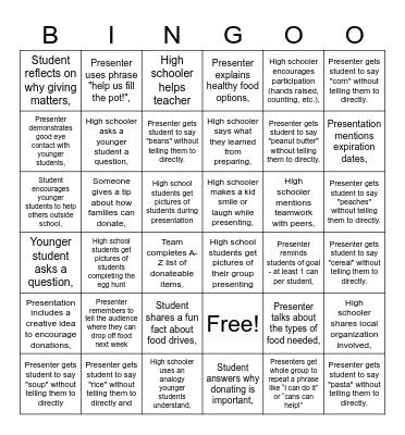 Food Drive Bingo Card